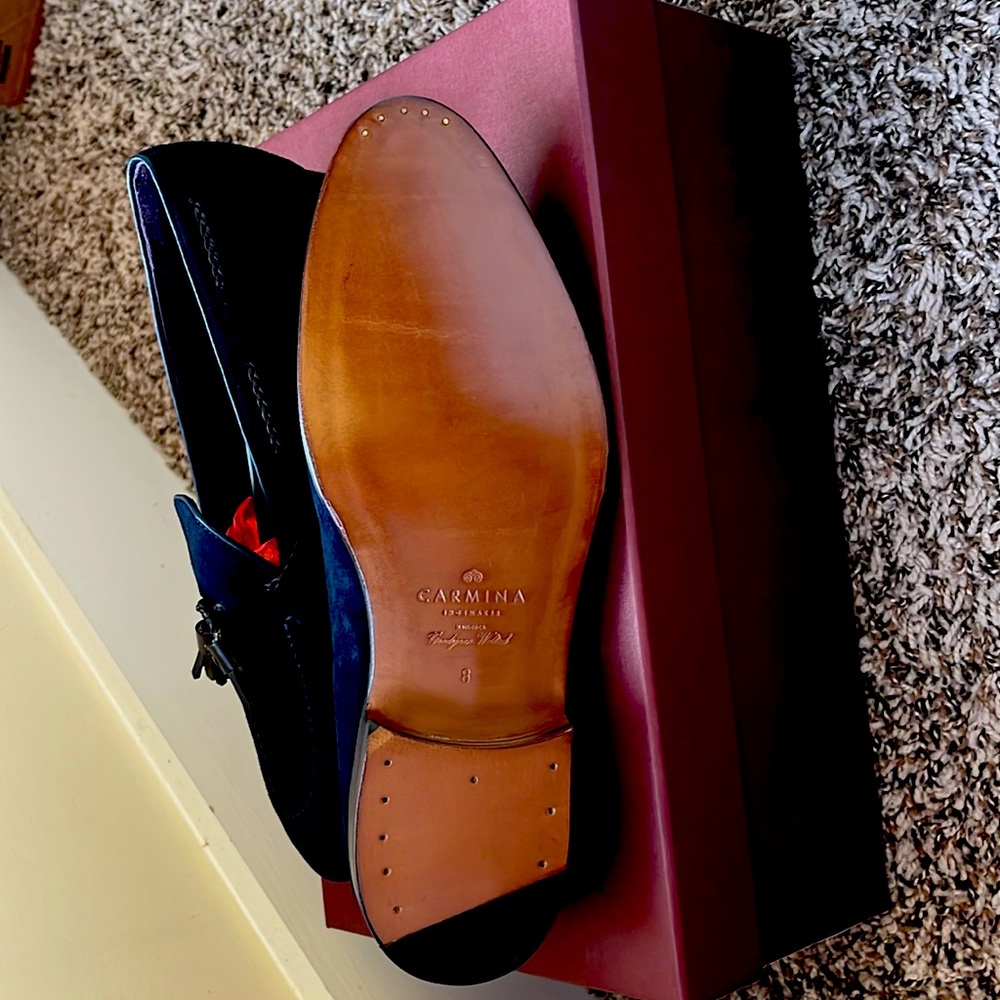 Carmina Size 8 Tassel Loafers in Navy Suede NWT